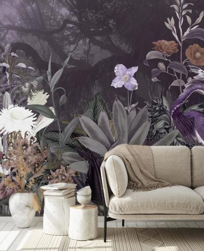 paars bloemen- en reigerbehang