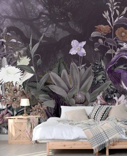 purple floral and heron wallpaper