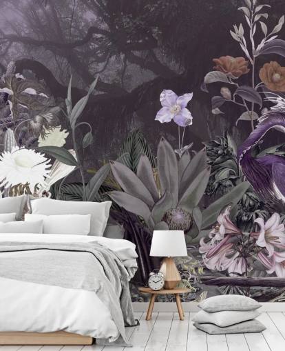 papel de parede roxo floral e garça