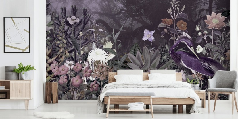 purple floral and heron wallpaper