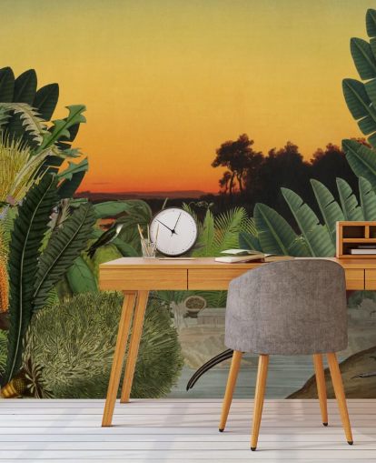 vogel- en tropisch landschap behang