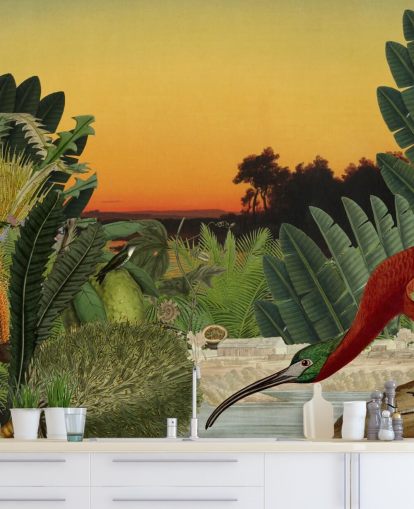 vogel- en tropisch landschap behang