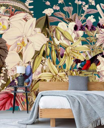 carta da parati tropicale con uccelli e fiori