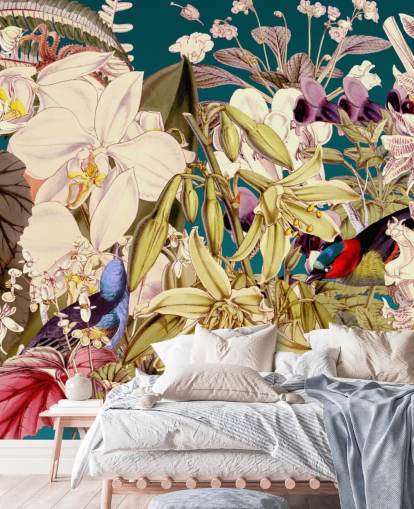 papier peint oiseaux tropicaux et fleurs