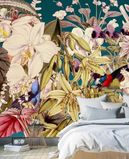 tropisk fugl og floral tapet