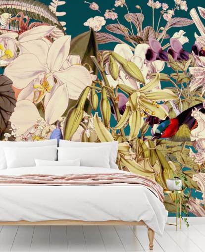 papier peint oiseaux tropicaux et fleurs