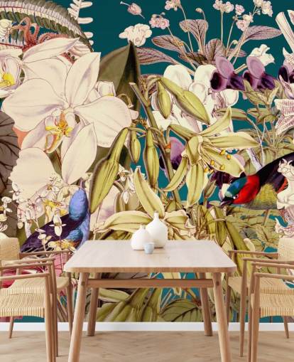 papel pintado de aves tropicales y flores