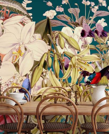 tropical bird and floral wallpaper