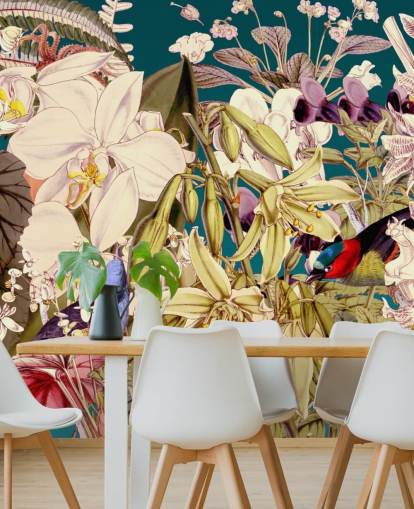 papier peint oiseaux tropicaux et fleurs