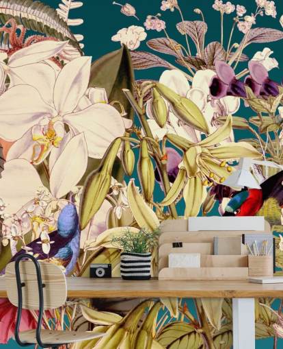 tropischer Vogel und Blumentapete