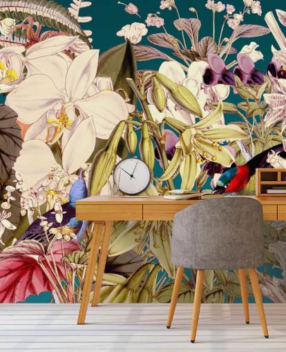 papel pintado de aves tropicales y flores