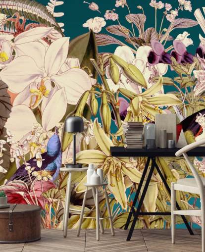 pássaro tropical e papel de parede floral