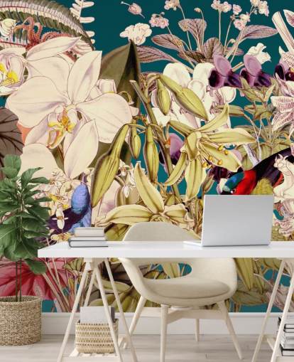 pássaro tropical e papel de parede floral