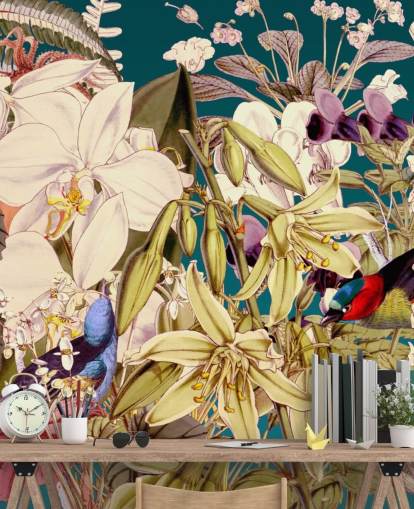 pássaro tropical e papel de parede floral