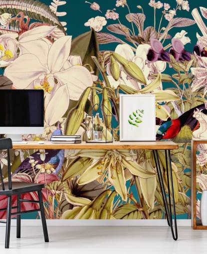 papel pintado de aves tropicales y flores