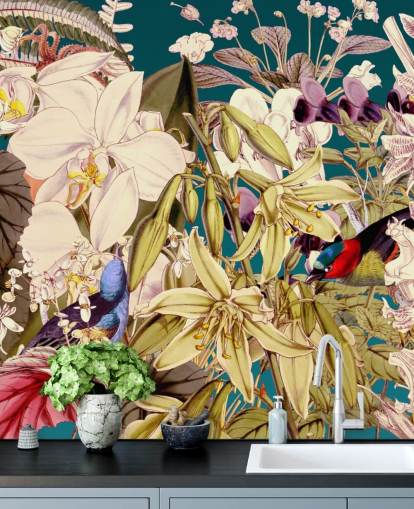 tropical bird and floral wallpaper