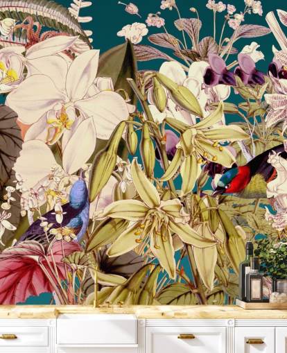 pássaro tropical e papel de parede floral pássaro tropical e papel de parede floral