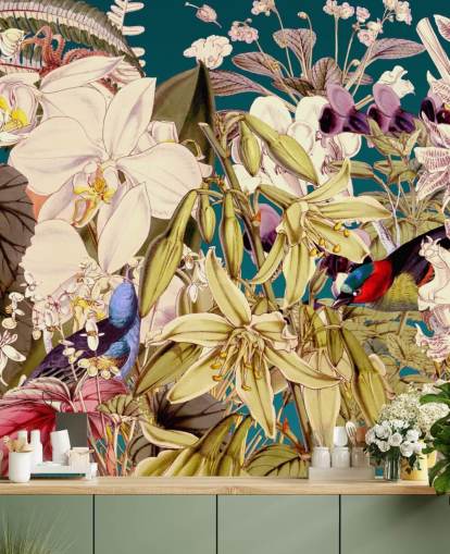 papel pintado de aves tropicales y flores papel pintado de aves tropicales y flores