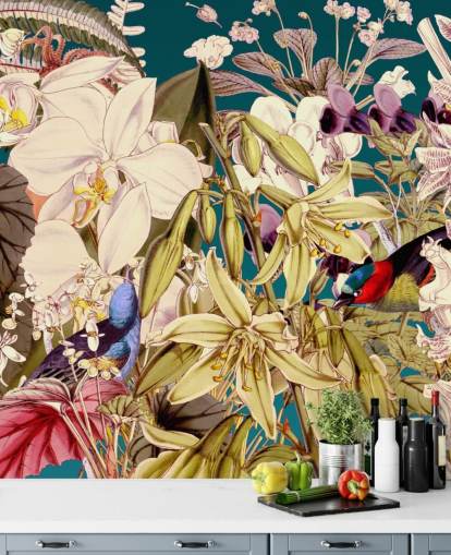 tropical bird and floral wallpaper