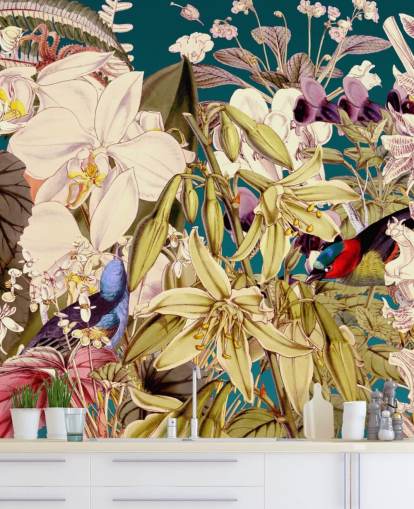 papier peint oiseaux tropicaux et fleurs