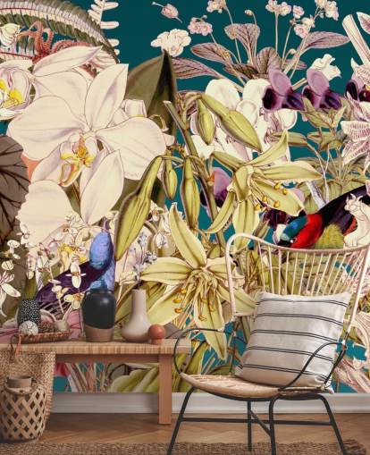 tropical bird and floral wallpaper