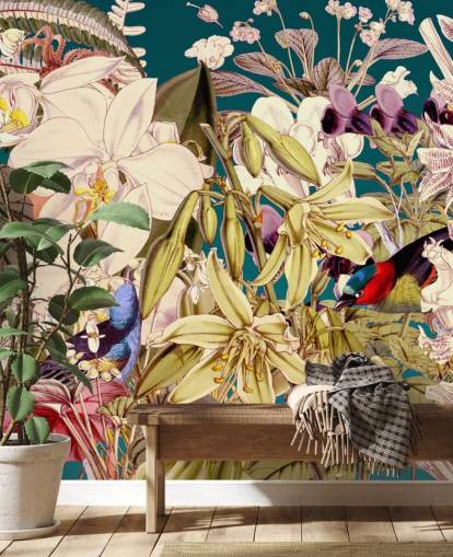 tropischer Vogel und Blumentapete