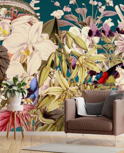 carta da parati tropicale con uccelli e fiori