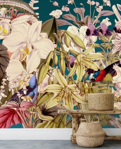 papel pintado de aves tropicales y flores
