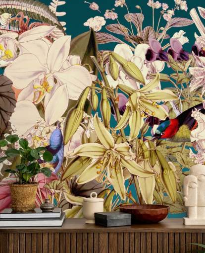 carta da parati tropicale con uccelli e fiori