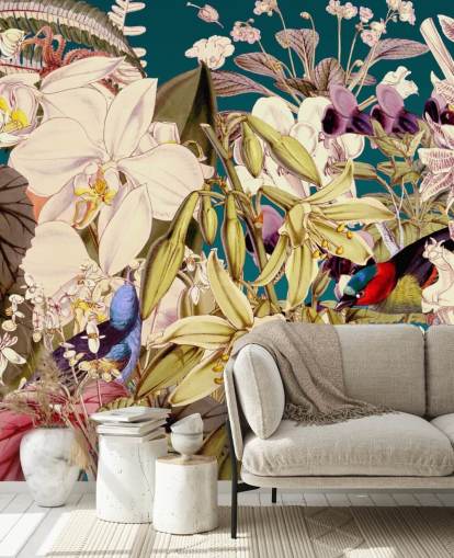 papel pintado de aves tropicales y flores