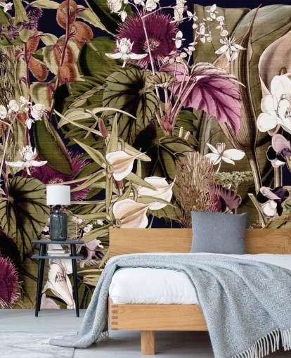papel pintado botánico verde y morado