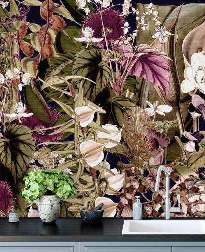 papel pintado botánico verde y morado