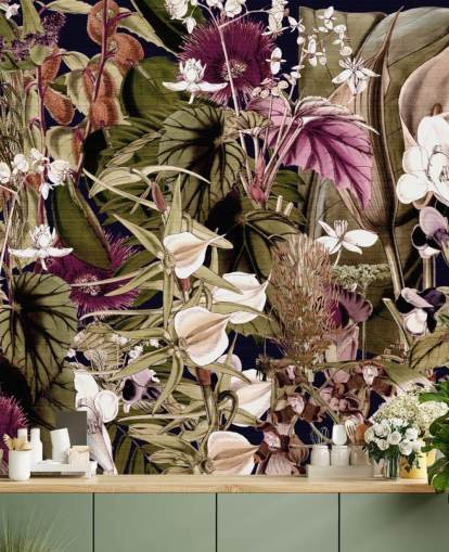 papel pintado botánico verde y morado