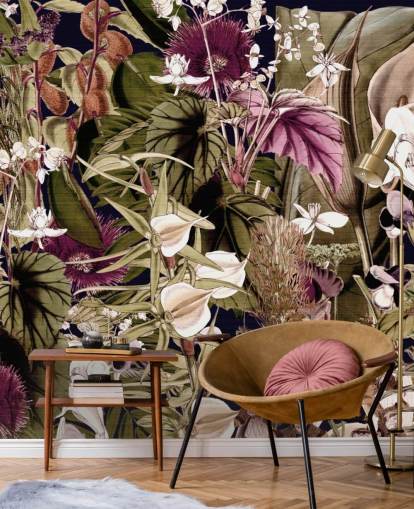 papel pintado botánico verde y morado