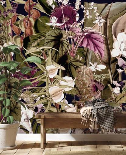 papel de parede botânico verde e roxo papel de parede botânico verde e roxo