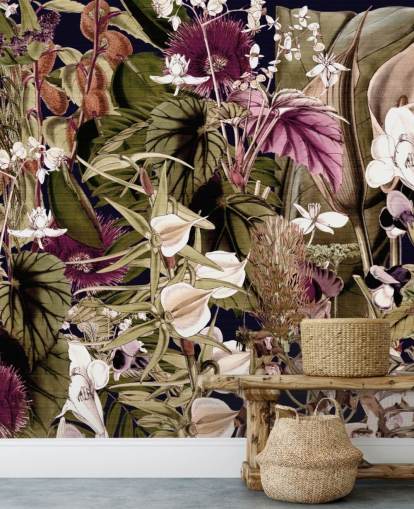 papel pintado botánico verde y morado