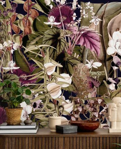 papel pintado botánico verde y morado