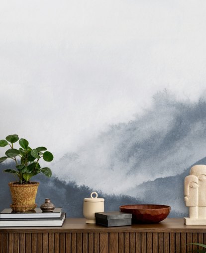 montañas brumosas en papel pintado de acuarela gris