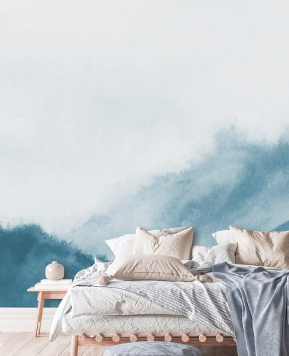 montanhas enevoadas em papel de parede de aquarela azul-petróleo montanhas enevoadas em papel de parede de aquarela azul-petróleo