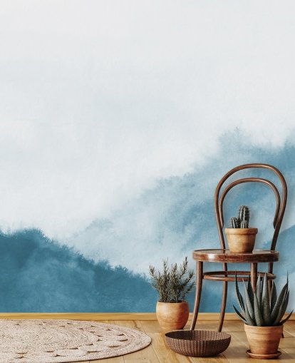 tåkete fjell i blågrønn akvarell tapet