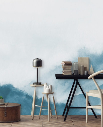 montanhas enevoadas em papel de parede de aquarela azul-petróleo montanhas enevoadas em papel de parede de aquarela azul-petróleo
