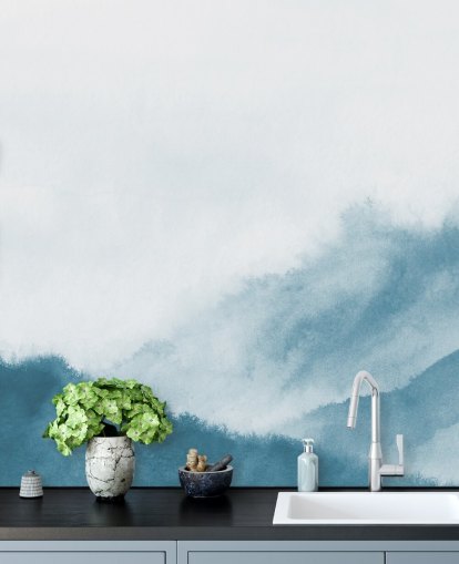 misty mountains in teal watercolour wallpaper