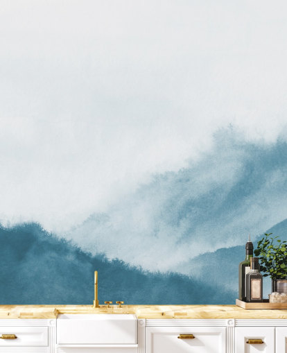 montanhas enevoadas em papel de parede de aquarela azul-petróleo montanhas enevoadas em papel de parede de aquarela azul-petróleo