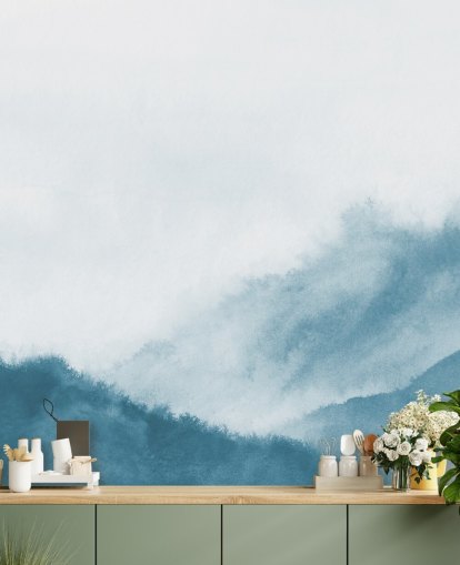 montanhas enevoadas em papel de parede de aquarela azul-petróleo montanhas enevoadas em papel de parede de aquarela azul-petróleo