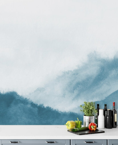 misty mountains in teal watercolor wallpaper