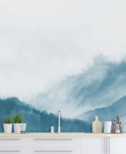 misty mountains in teal watercolour wallpaper