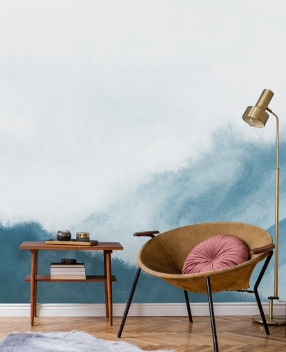 misty mountains in teal watercolour wallpaper