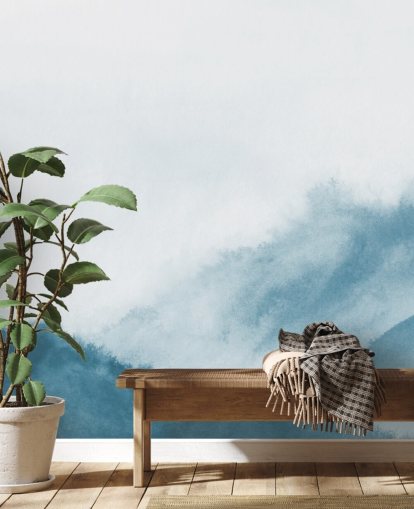 mistige bergen in blauwgroen aquarelbehang