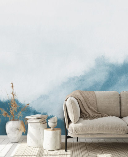 montanhas enevoadas em papel de parede de aquarela azul-petróleo