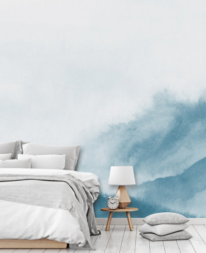 misty mountains in teal watercolour wallpaper